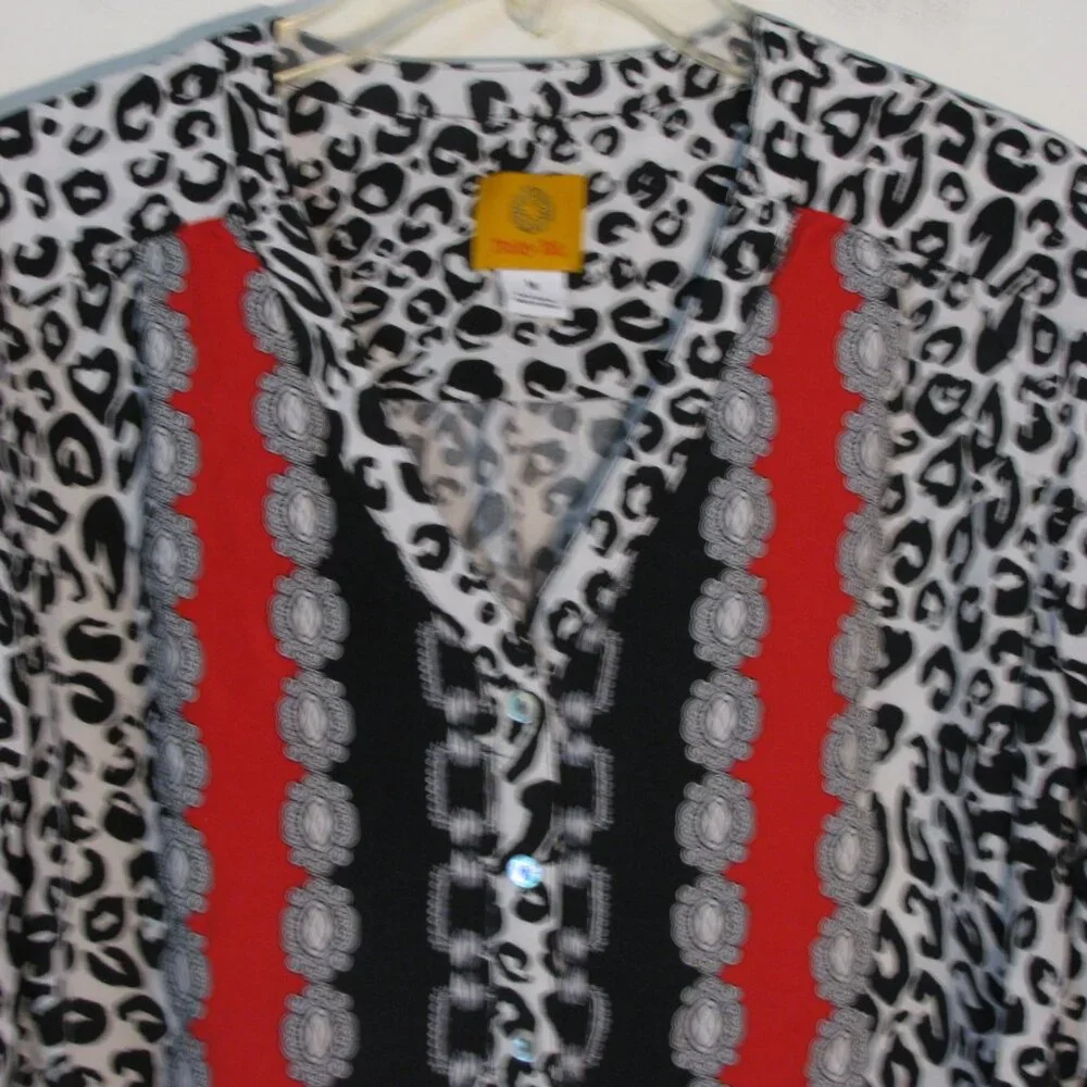 * Ruby Rd Black White Blouse Medium Colorful Tie Front - Picture 2 of 5